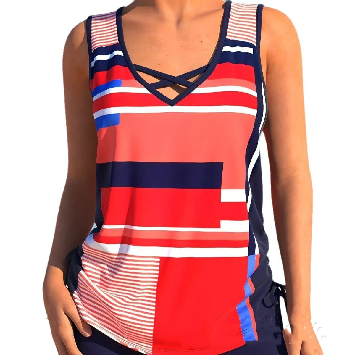 Women's printed split boxer swimsuit set showing top and shorts in polyester fabric