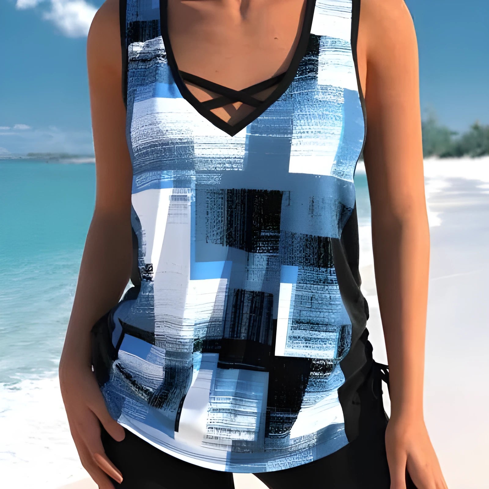Women's printed split boxer swimsuit set showing top and shorts in polyester fabric