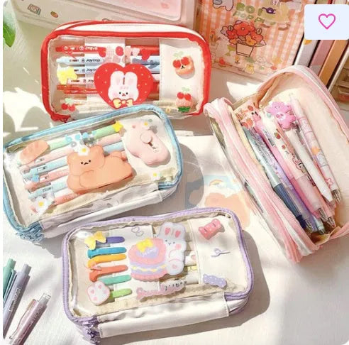 Transparent TPU pen bag with heart and rabbit pattern in red or pink colour options
