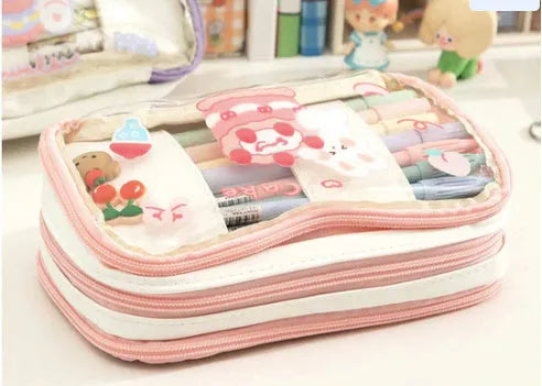 Transparent TPU pen bag with heart and rabbit pattern in red or pink colour options