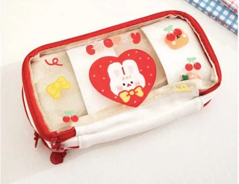 Transparent TPU pen bag with heart and rabbit pattern in red or pink colour options