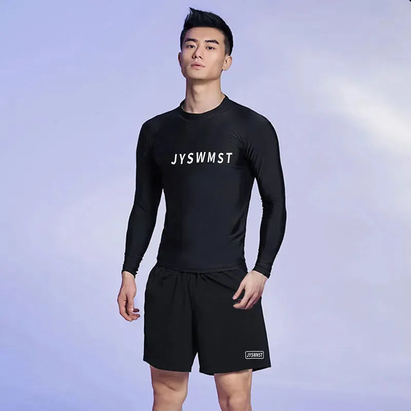 Men's patterned swimsuit set with matching top and swimming trunks in plus sizes