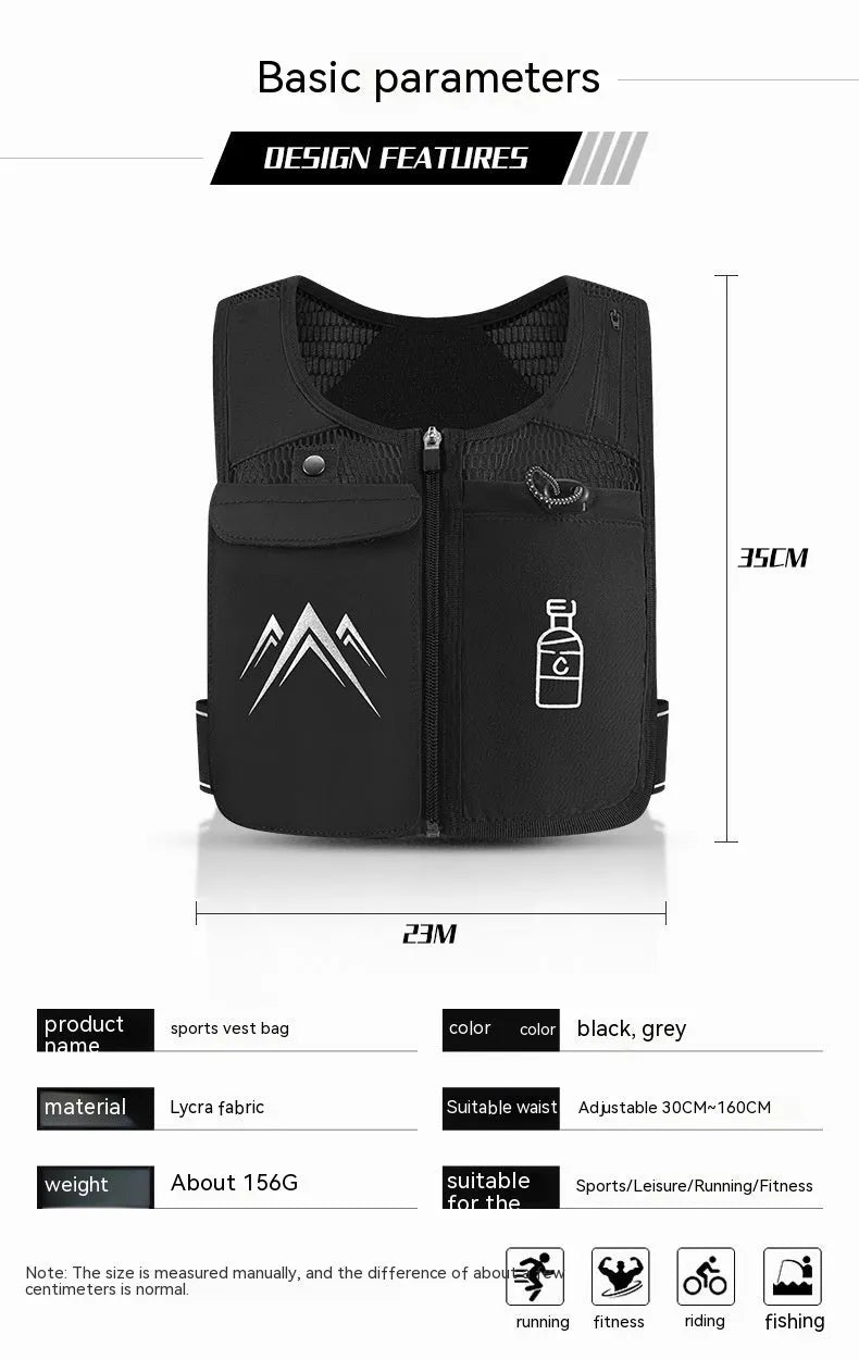 Breathable mesh sports running vest with integrated mobile phone pocket, shown in classic black colour.