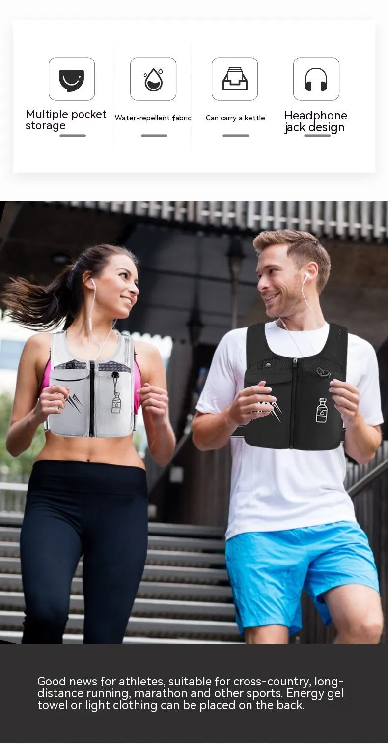 Breathable mesh sports running vest with integrated mobile phone pocket, shown in classic black colour.