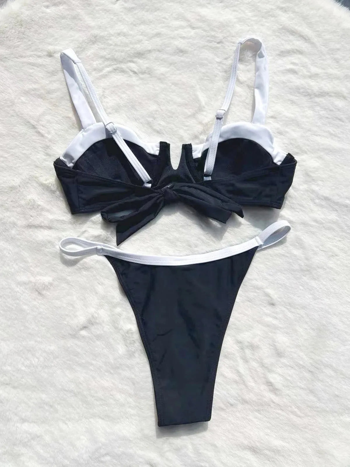 Black low waist women's bikini swimsuit with stitching split design and briefs style