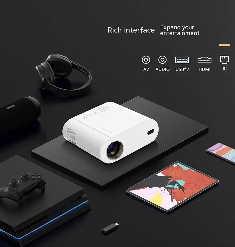 White T07 Full HD 1080p smart projector with remote control on a table