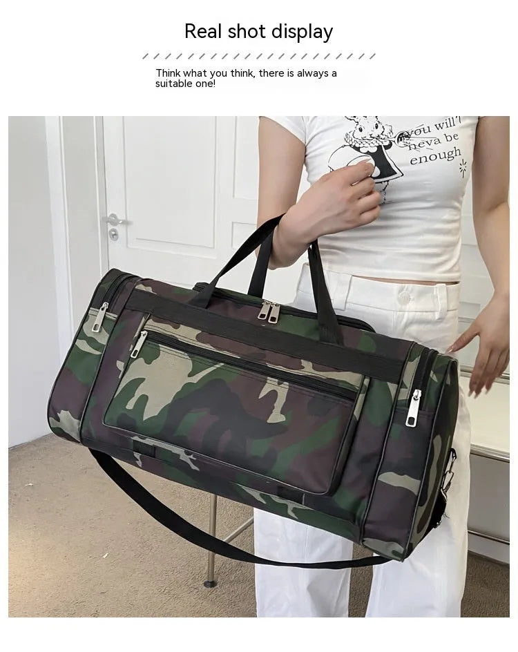 Camouflage coloured waterproof luggage bag with striped interior