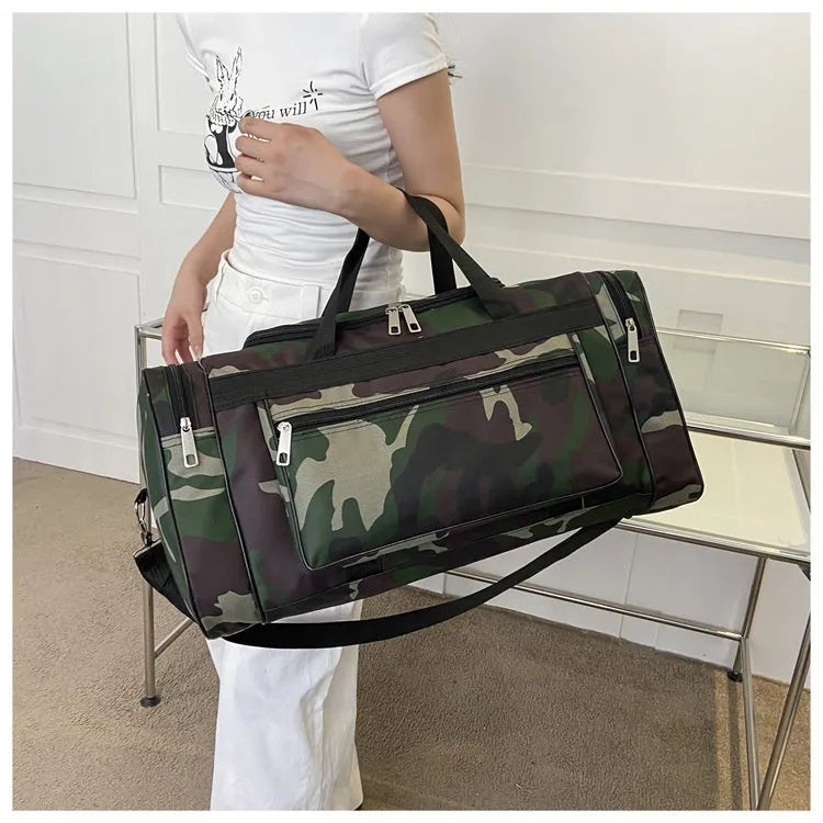 Camouflage coloured waterproof luggage bag with striped interior