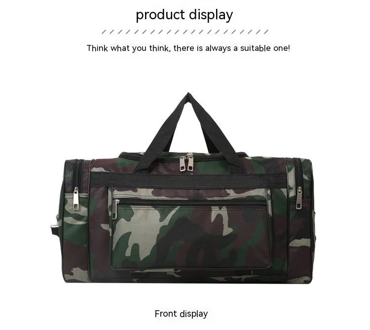 Camouflage coloured waterproof luggage bag with striped interior