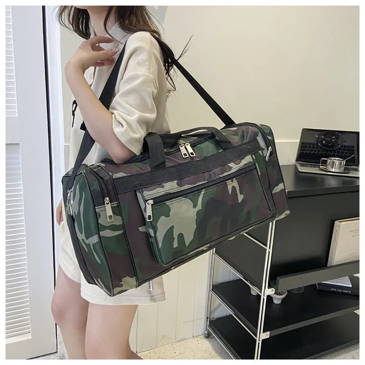 Camouflage coloured waterproof luggage bag with striped interior
