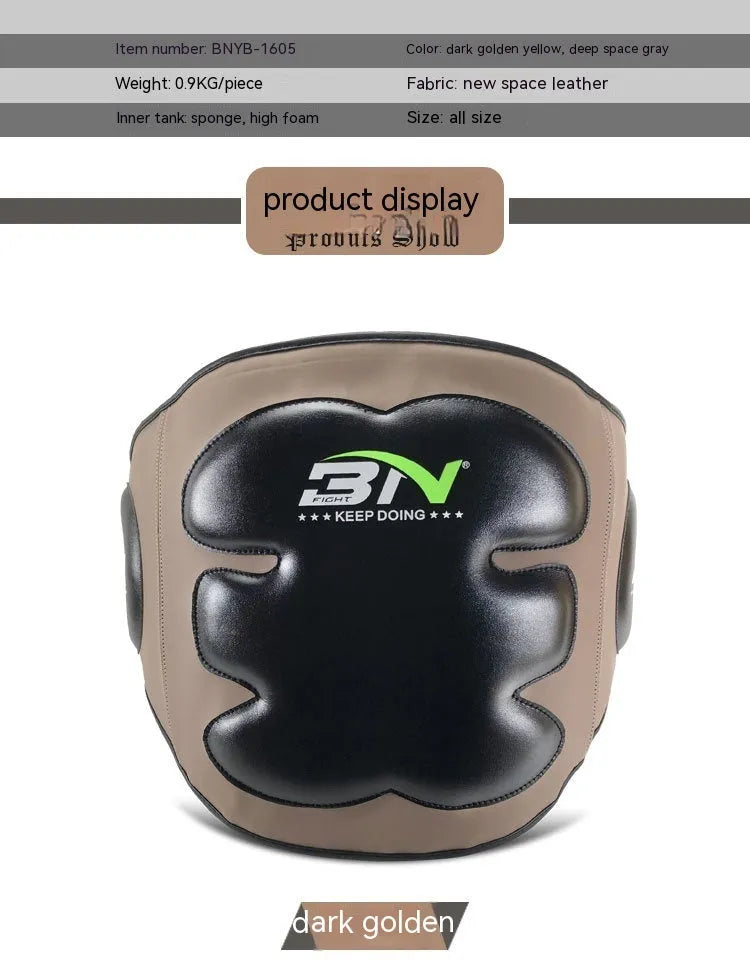 Dark grey Sanda boxing chest protection target with thick padding and waist support strap.