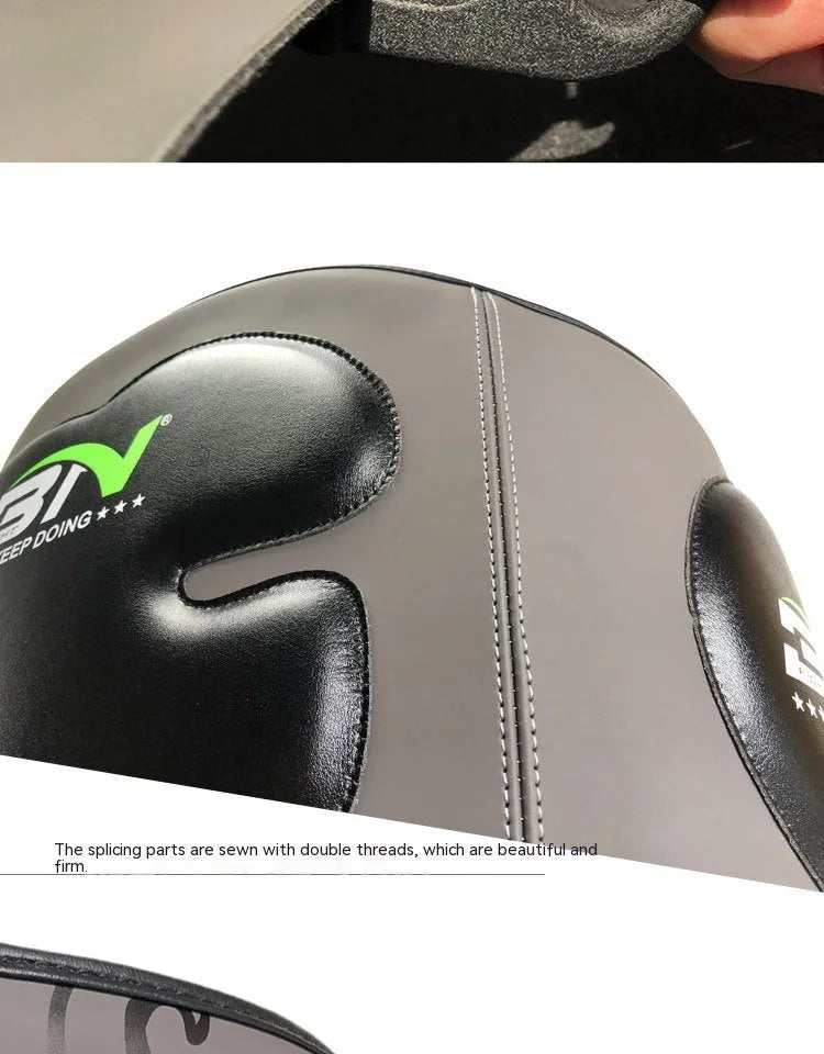 Dark grey Sanda boxing chest protection target with thick padding and waist support strap.
