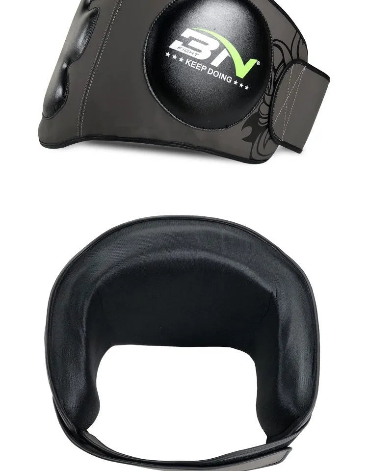 Dark grey Sanda boxing chest protection target with thick padding and waist support strap.