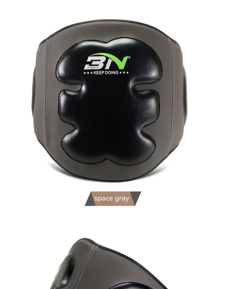 Dark grey Sanda boxing chest protection target with thick padding and waist support strap.