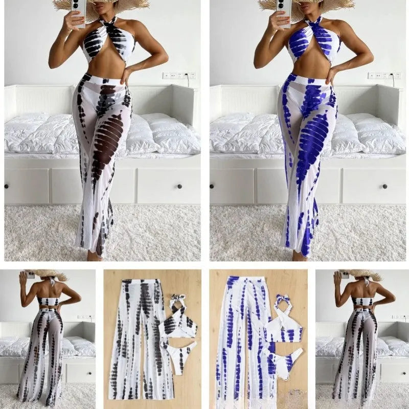 Women's three-piece swimsuit set with mesh trousers in black or blue printing