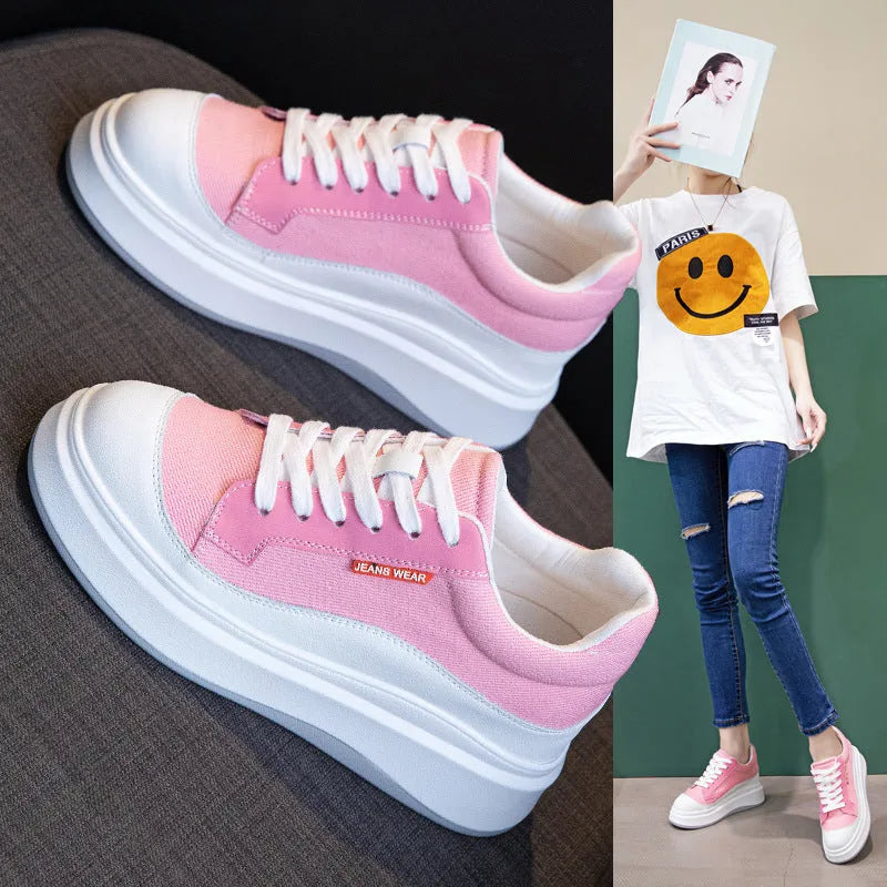 Women's beige and pink thick-soled leather casual platform board shoes.