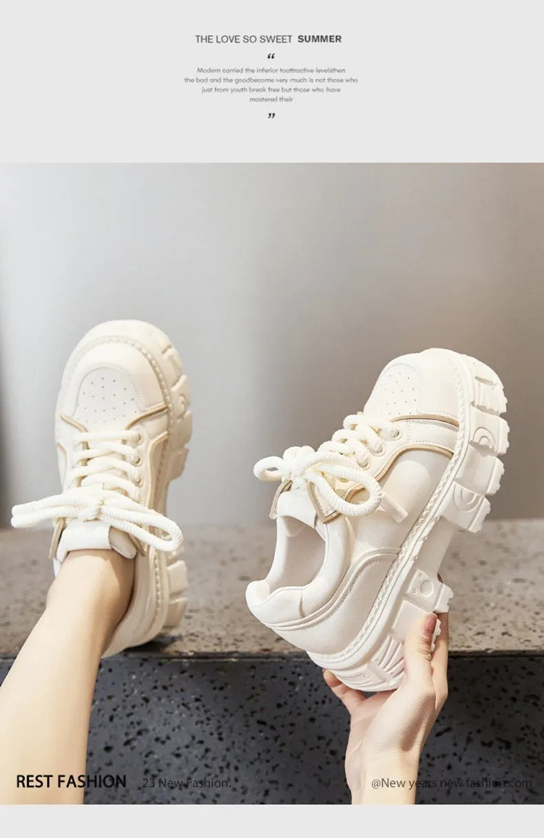 Women's beige leather muffin bottom casual slip-on shoes with a rubber foam sole.