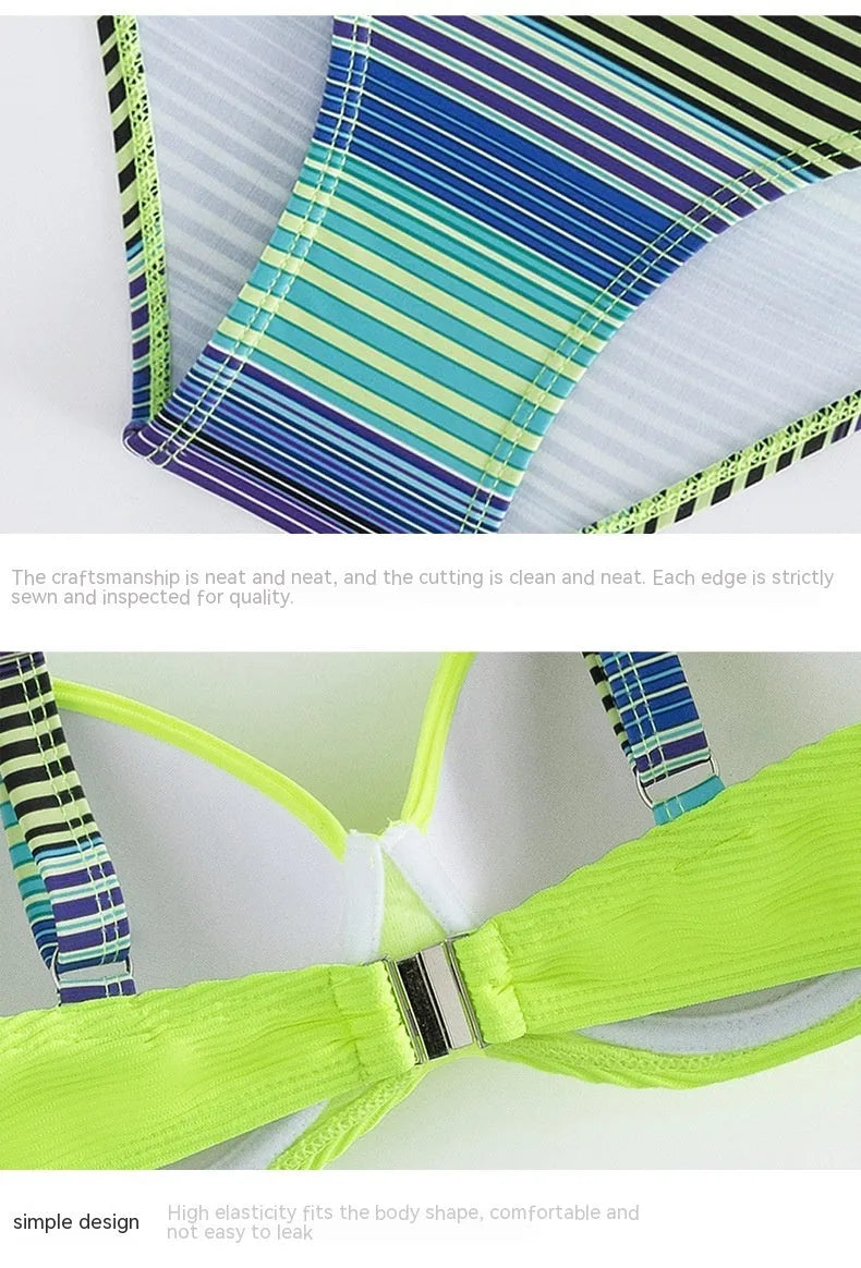 Green printed women's halter bikini set with brief-style bottom and split design