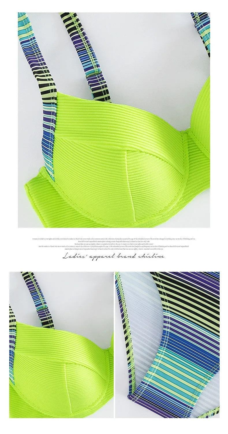 Green printed women's halter bikini set with brief-style bottom and split design