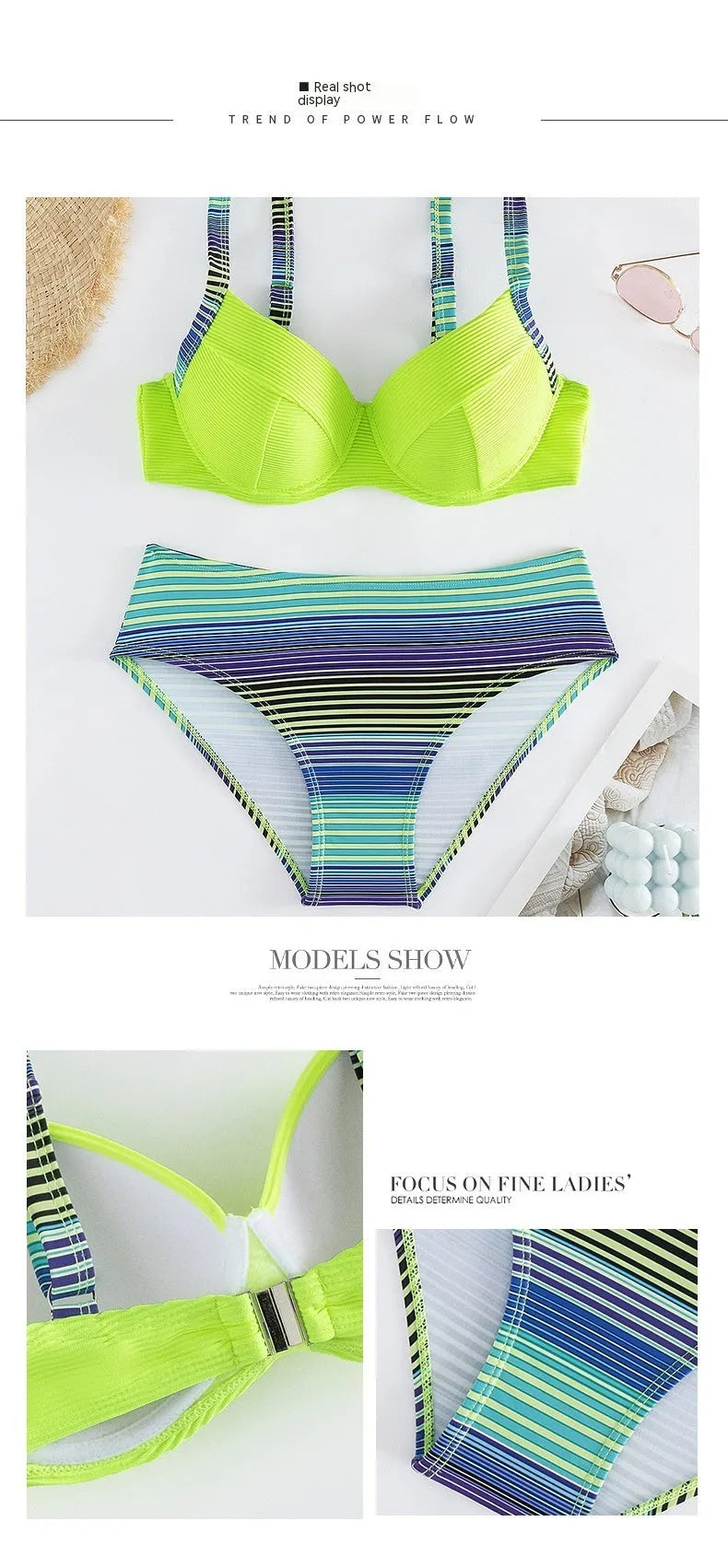 Green printed women's halter bikini set with brief-style bottom and split design