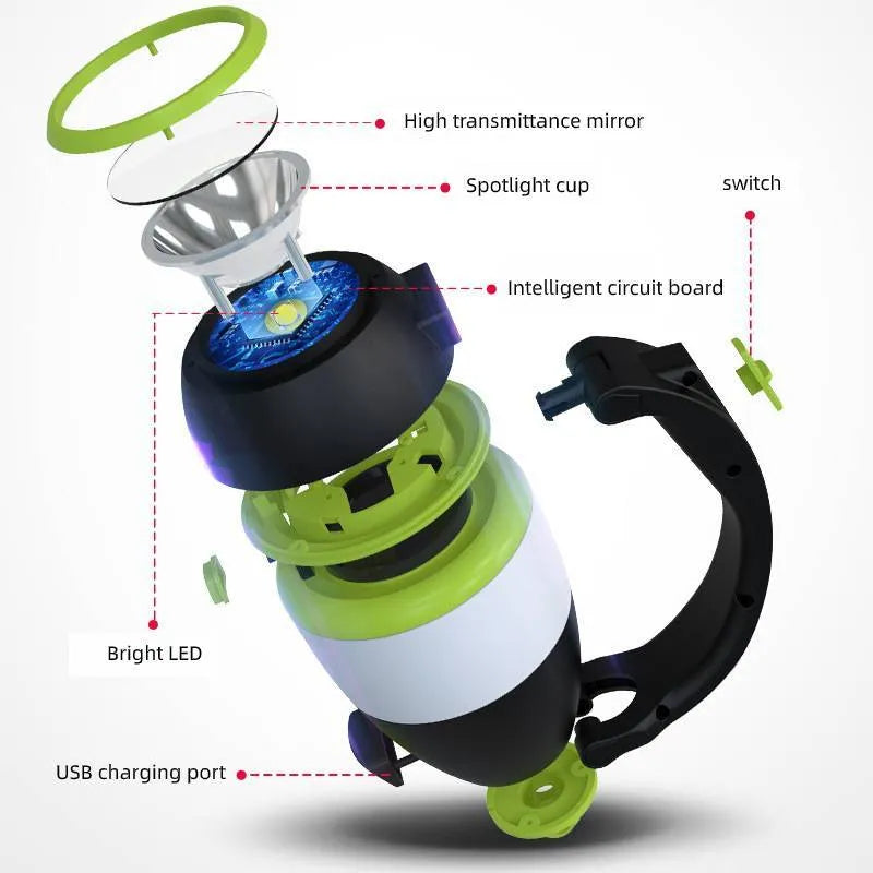 Black green 3-in-1 multifunctional LED table lamp with adjustable head and foldable design.