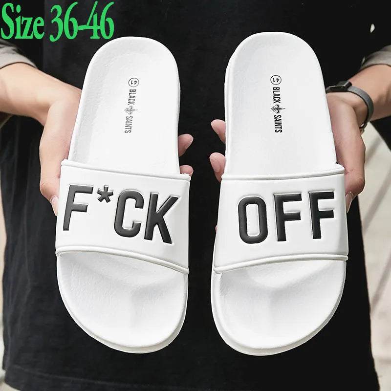 Men's large personalised open toe slippers with rubber soles available in black and white colours
