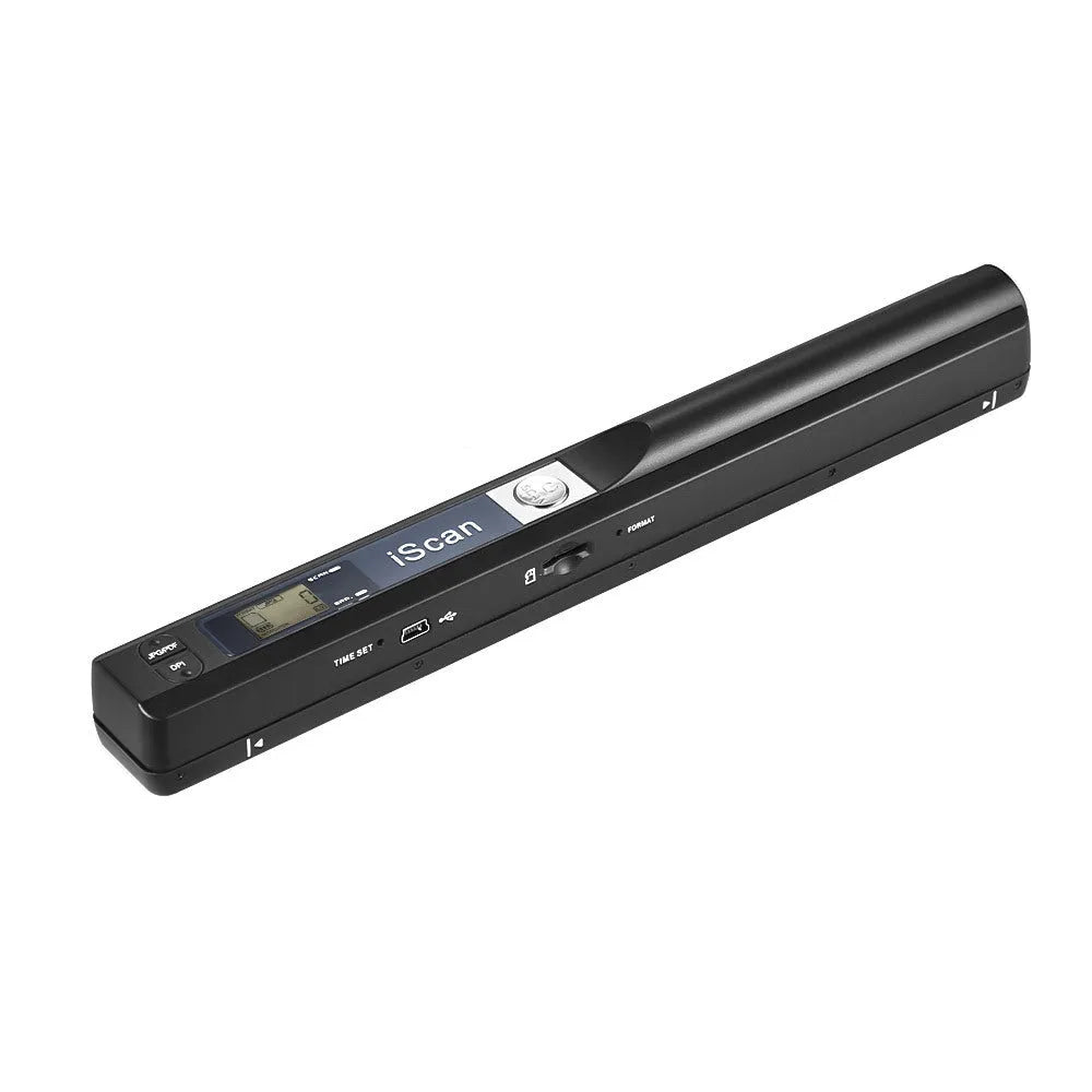Handheld plastic barcode scanner in black, blue, green, red or silver colour with trigger button