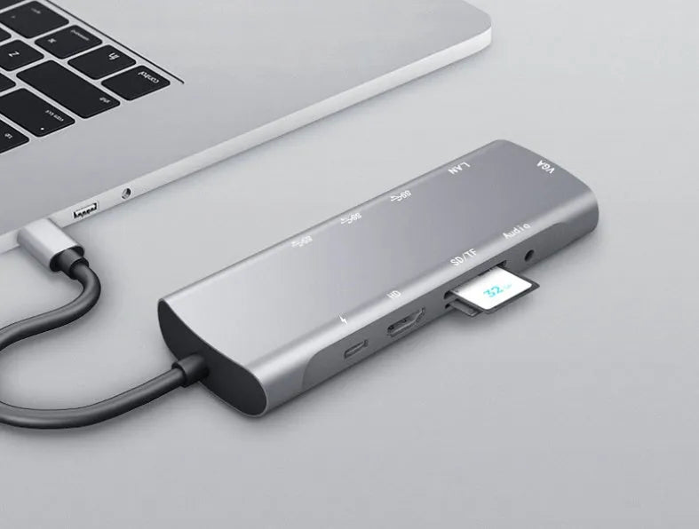 Grey USB-C docking station with aluminium alloy shell and multiple connectivity ports