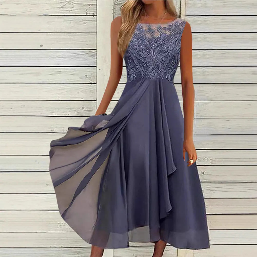 Women's sleeveless chiffon dress with lace hollow-out stitching in green, shown in midi length princess style