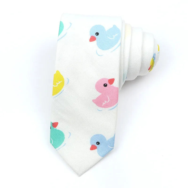 Korean style narrow men's cotton bow tie with a printed cartoon pattern in a selected colour.