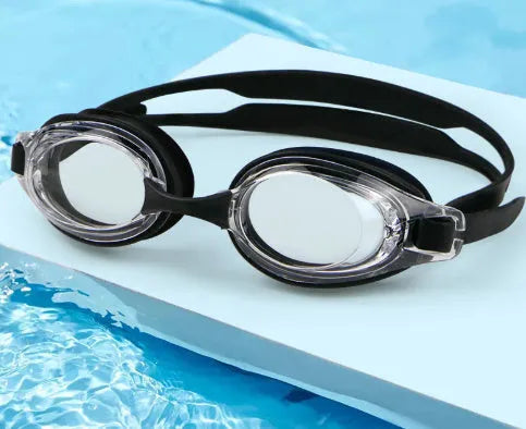 Adult myopia swimming goggles with anti-fog lenses in a black frame, shown with a protective hard case.
