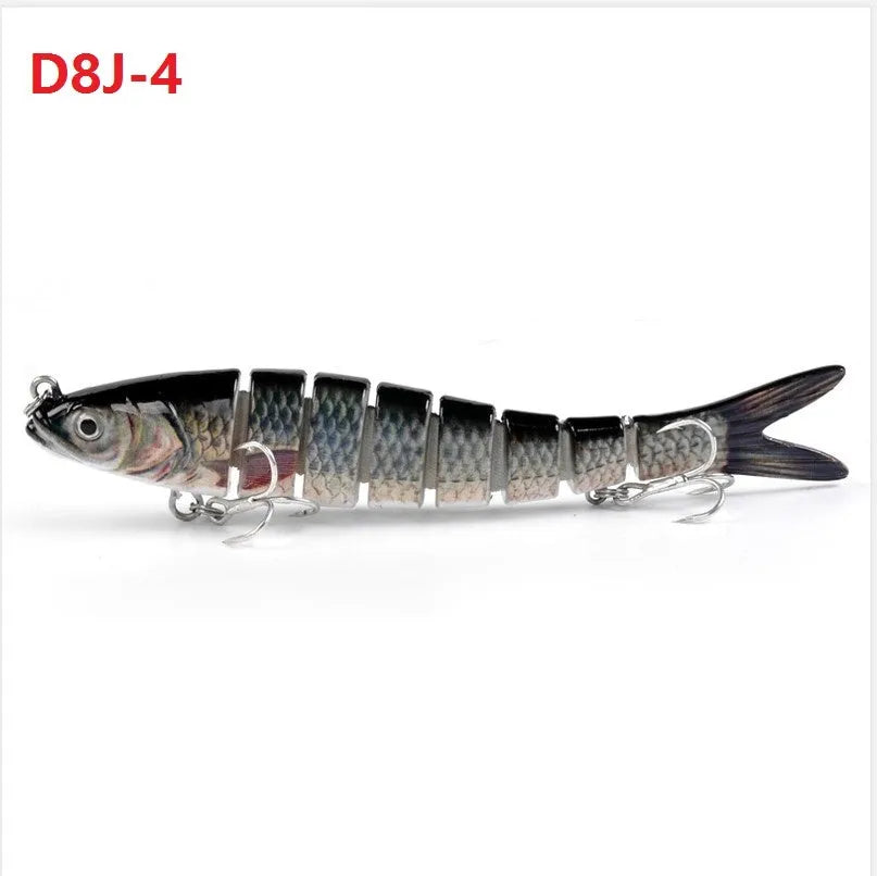 14cm ABS fishing lure with 8-segment body, treble hooks, and realistic 3D eyes