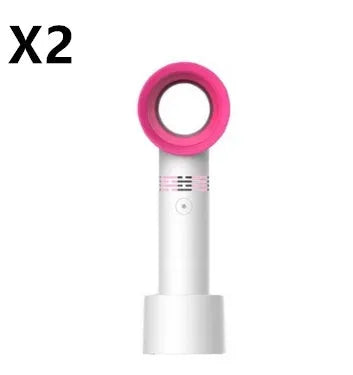Compact portable bladeless desk fan with USB cable and base, shown in blue.