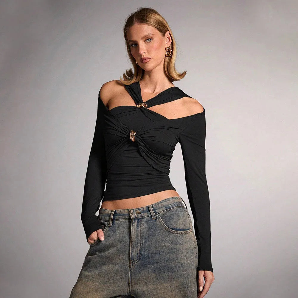 Black women's halter top with long sleeves and slim fit, showing shoulder-baring design