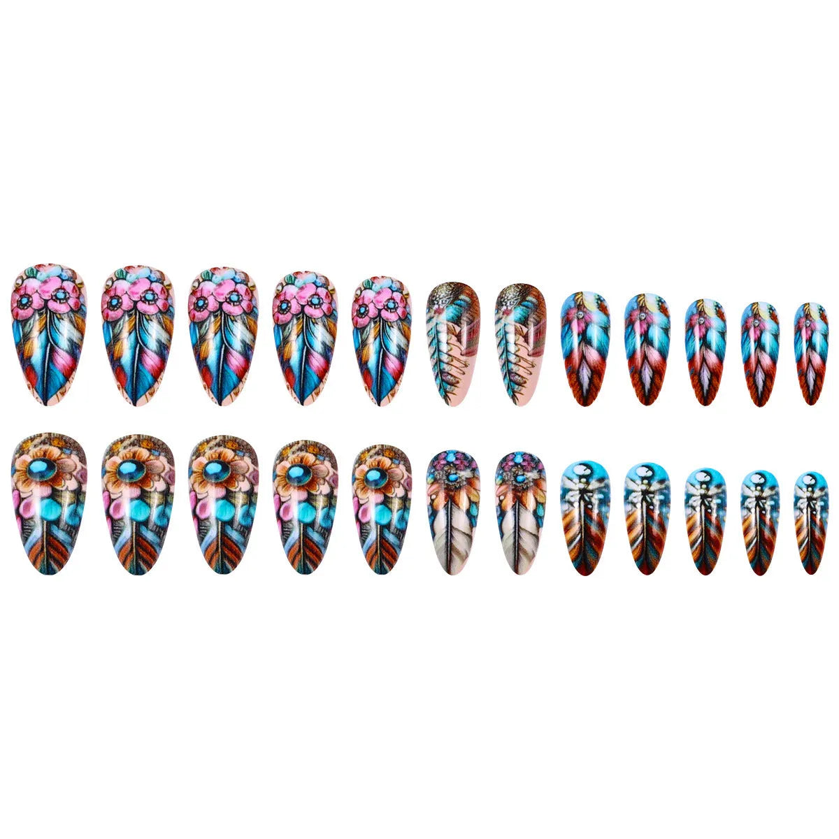 Plastic retro feather armour nail art decorative pieces in multiple patterns including cartoon, floral, and heart designs