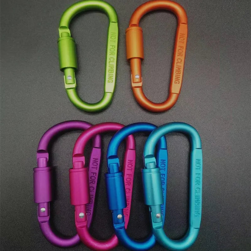 A D-type aluminium locking carabiner with an 8cm flat profile on a neutral background.
