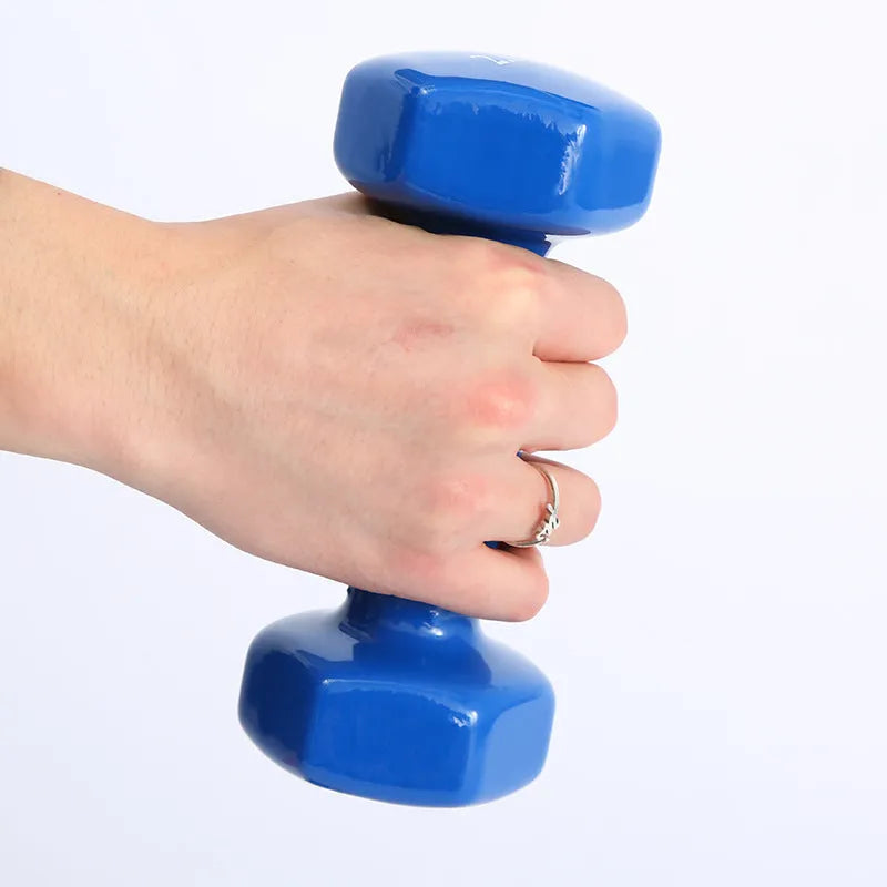Bright coloured plastic-coated fitness dumbbells in multiple weights for home exercise