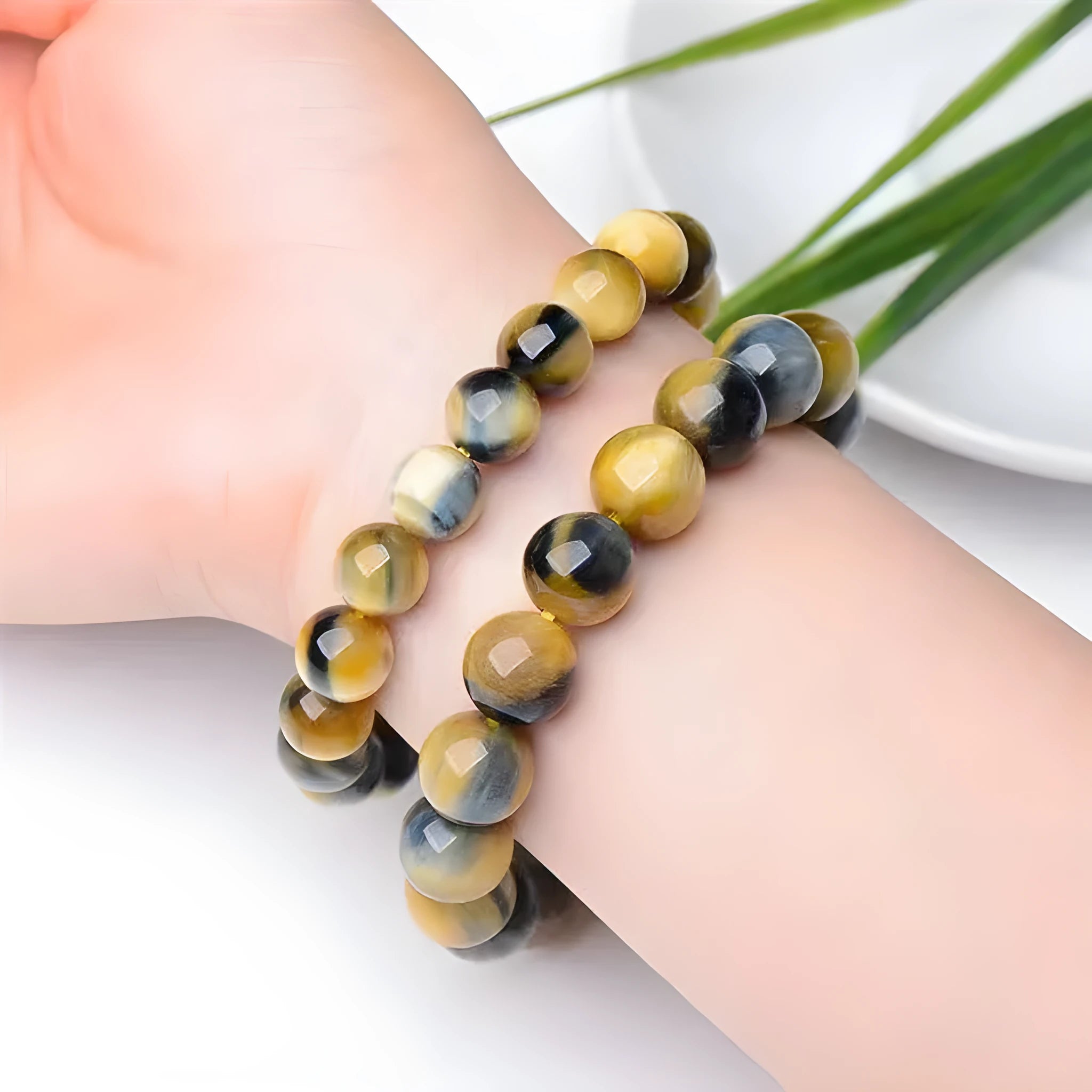 Handmade fantasy tiger eye agate bracelet with round beads in unisex geometric design