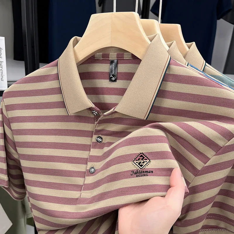 Men's striped casual short sleeve shirt with mosaic pattern detail in polyester fabric