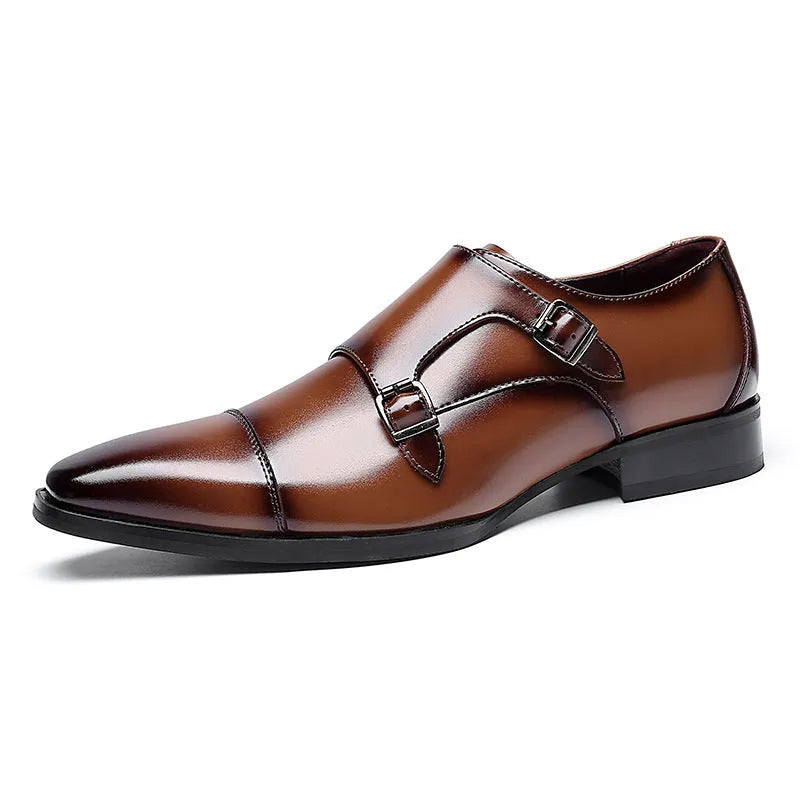 Men's black British style leather business shoes with square toe design and rubber sole