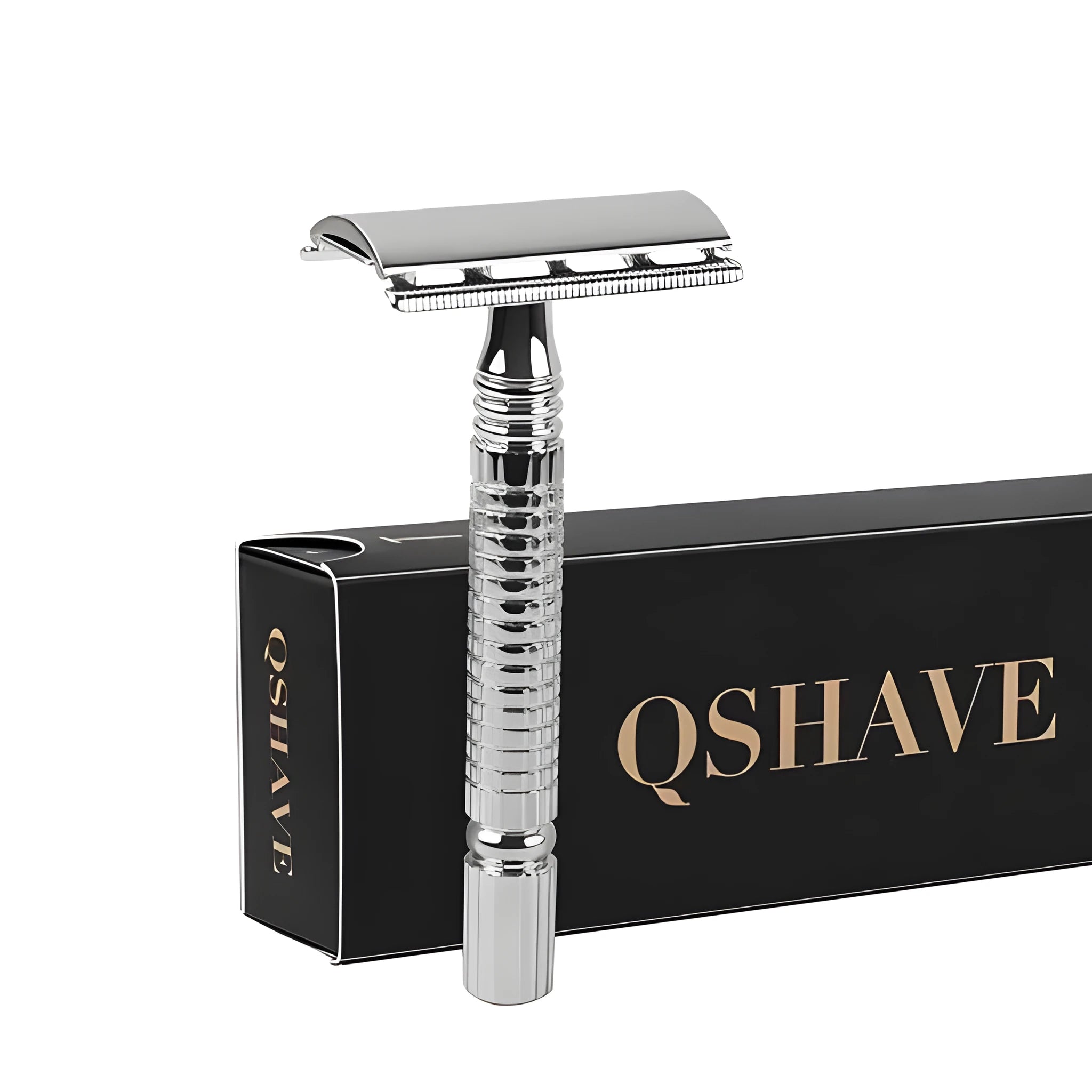 Double-edged safety razor kit with chrome finish, weighted handle, blades, and storage box