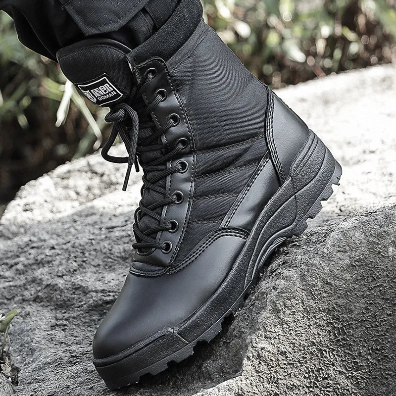 Desert combat boots in microfiber leather, black colour, side view with laced design