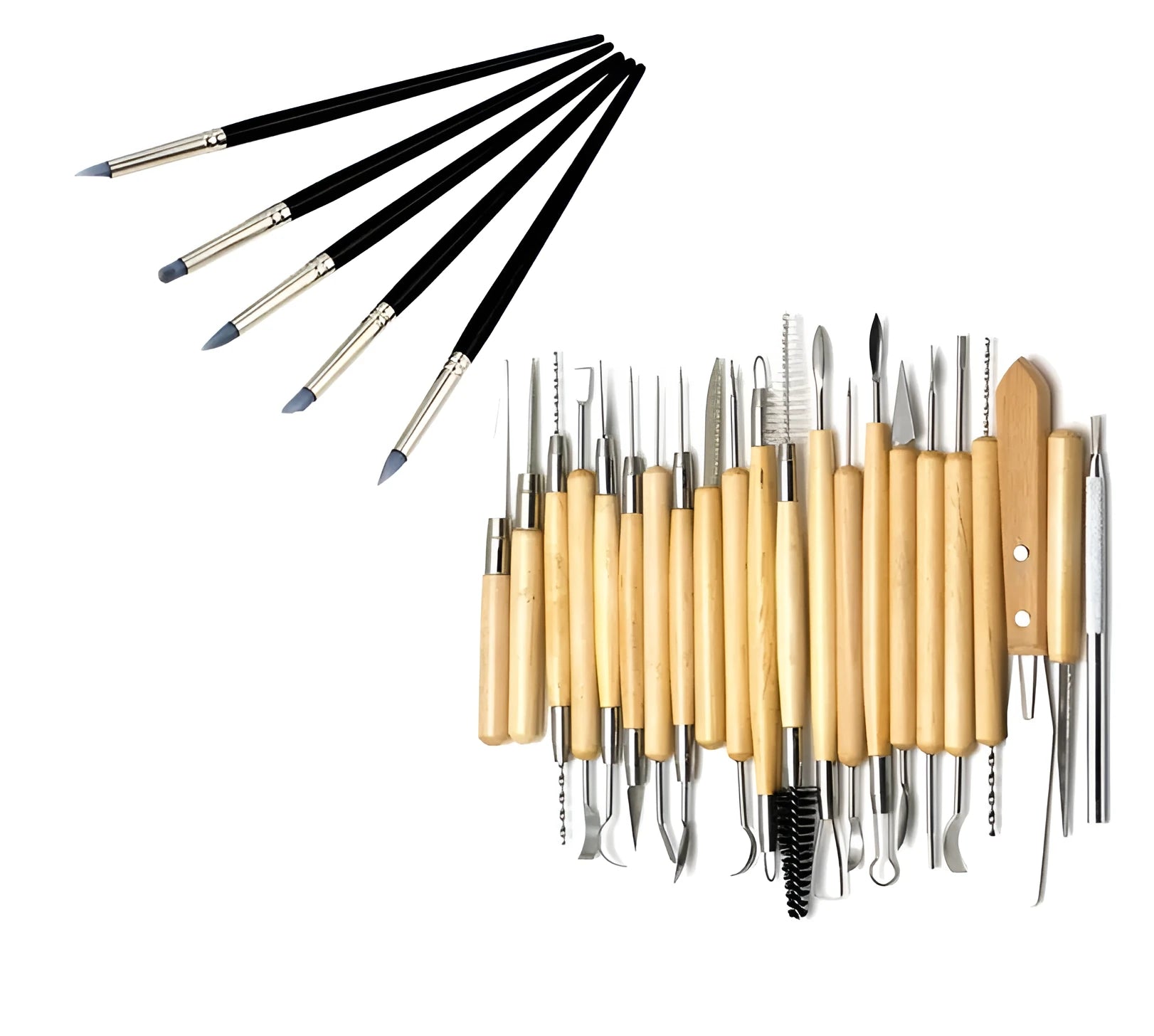 27-piece brown pottery clay tool set with wood, stainless steel and plastic tools rolled in a storage package.