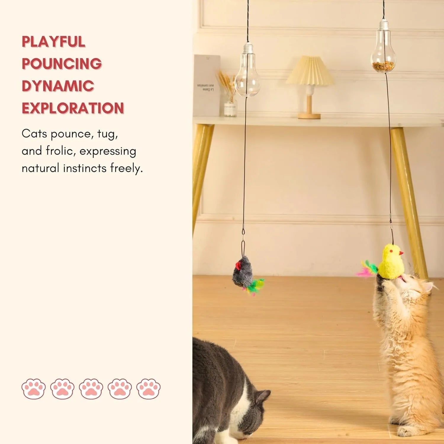 Grey and yellow hanging cat toy with elastic rope, dangling mouse attachment, and treat dispenser bulb
