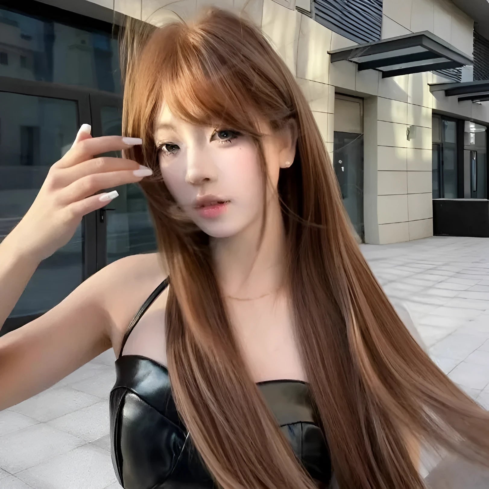 Warm brown long straight synthetic wig with bangs made from high temperature fibre