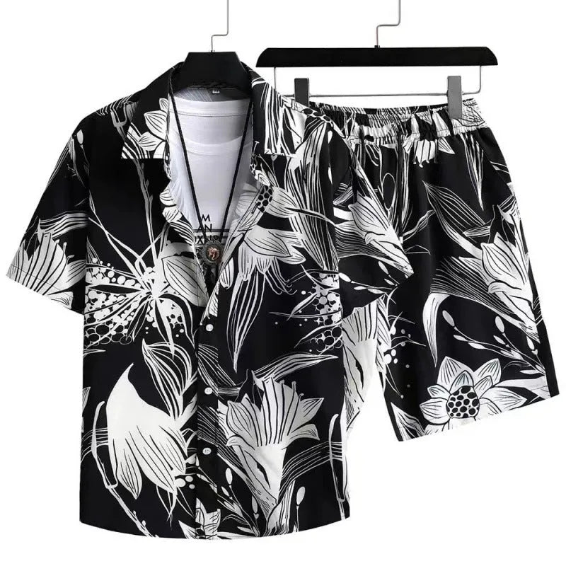 Men's digital print cardigan suit with short sleeve shirt and elastic shorts in polyester fabric