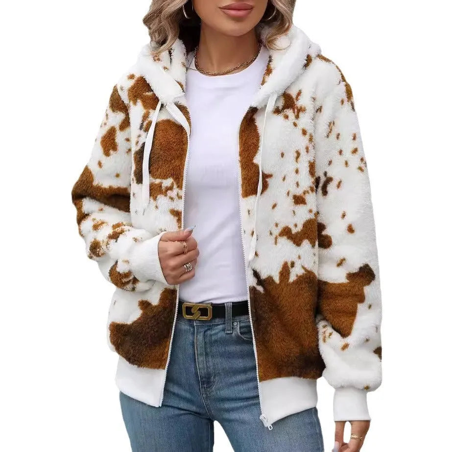 Yellow brown cow animal print pattern on a hooded zip-up cardigan jacket for casual street wear.