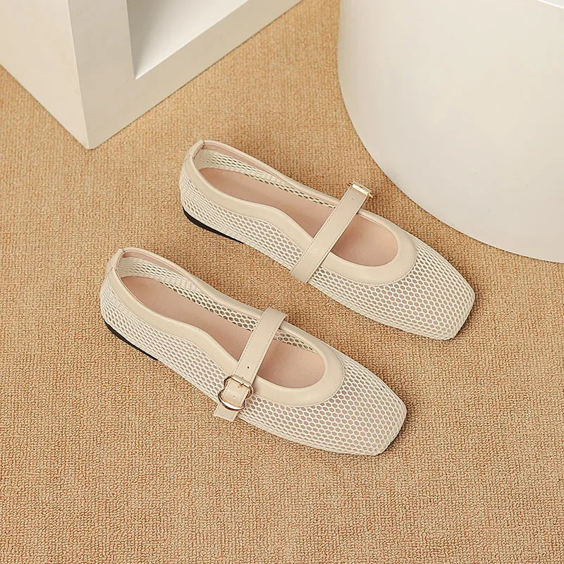Women's beige mesh pump with square toe and adjustable buckle on flat heel.