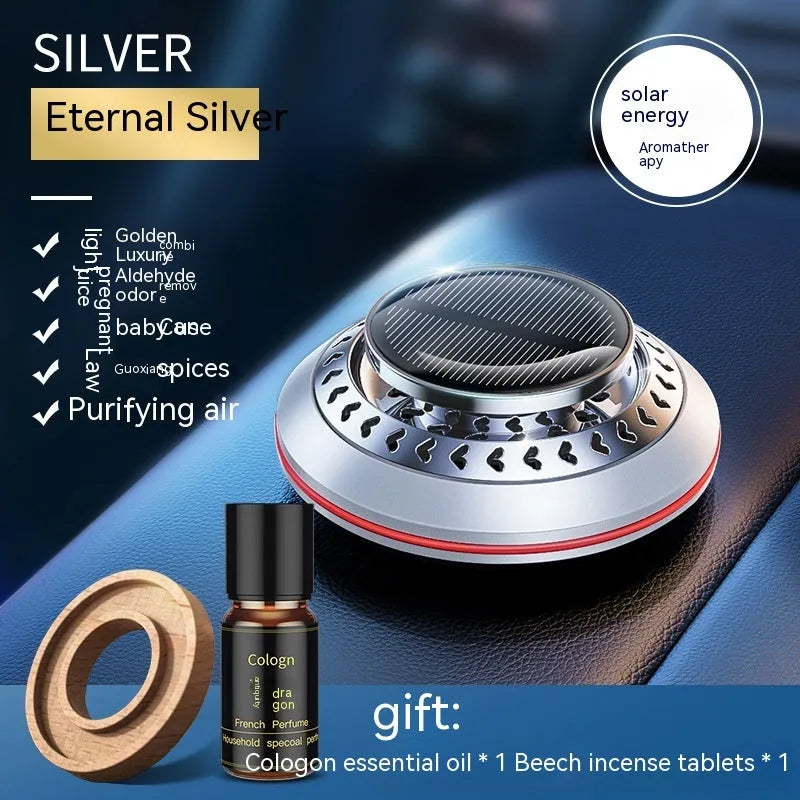 Solar-powered car air freshener with aluminium alloy housing and rotating fan