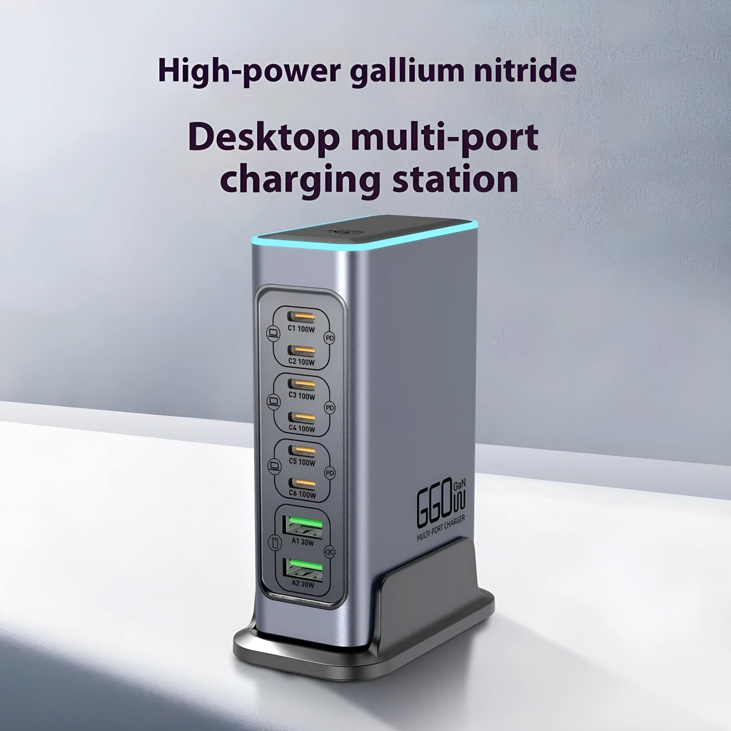 660W Gallium Nitride fast charger with US, EU, UK, and AU plug adapters for laptops and phones.